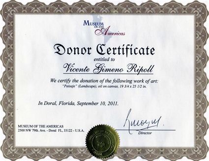 Certificado de una de mis obras en el Museo de la Americas (Miami